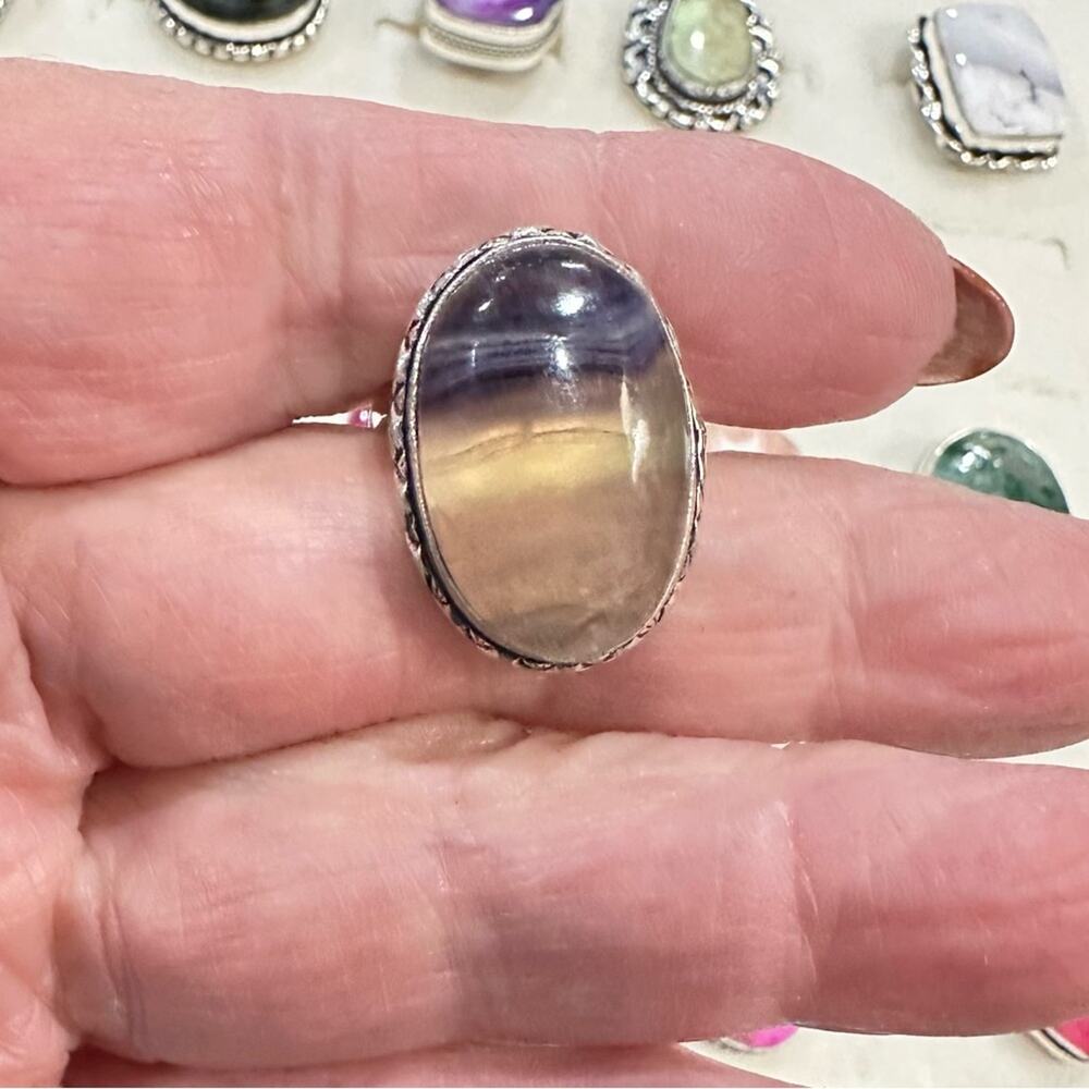 💕 Natural fluoride gemstone ring adjustable silver overlay handmade